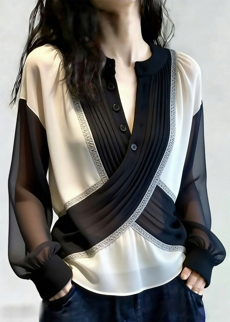 French Black O-neck Tulle Patchwork Shirt Lantern Sleeve