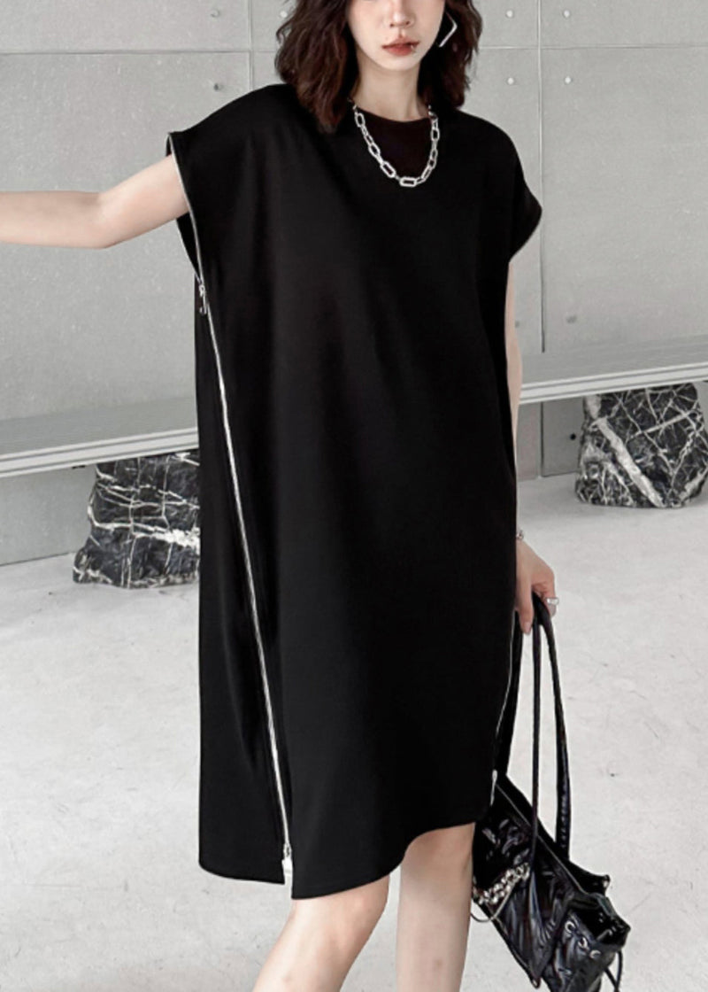 French Black O-neck Zip Up Patchwork Cotton Mid Dress Summer