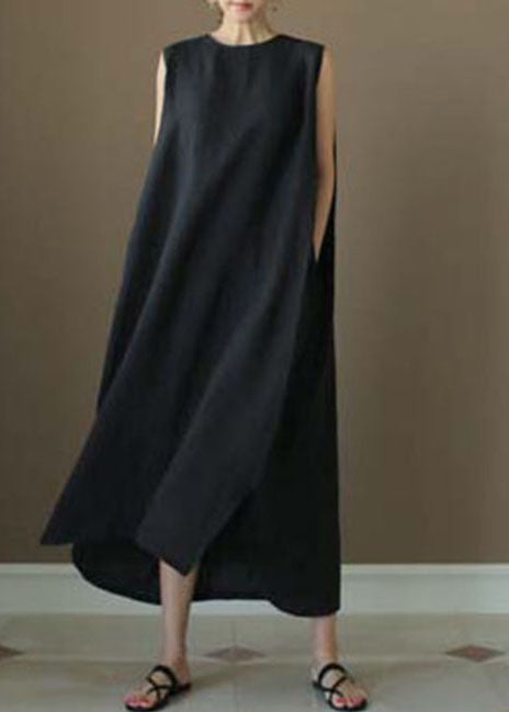 French Black O-neck Low High Design Linen Party Dress Sleeveless