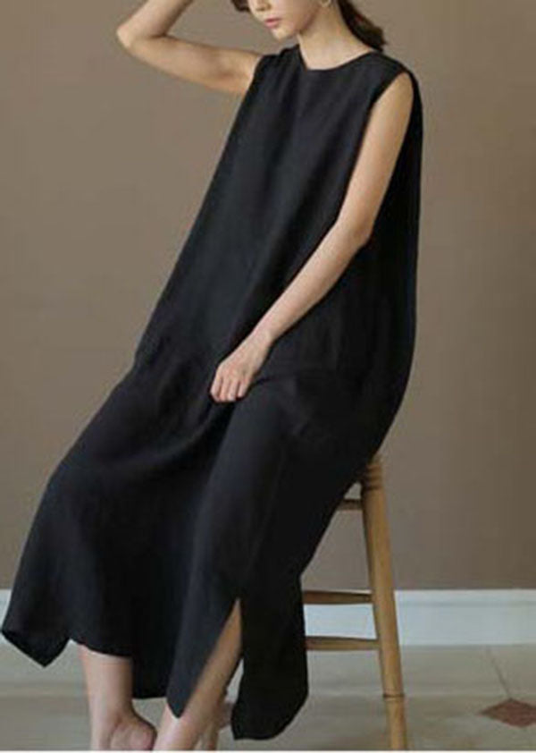 French Black O-neck Low High Design Linen Party Dress Sleeveless