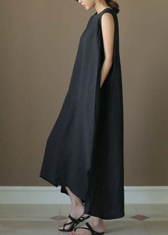 French Black O-neck Low High Design Linen Party Dress Sleeveless