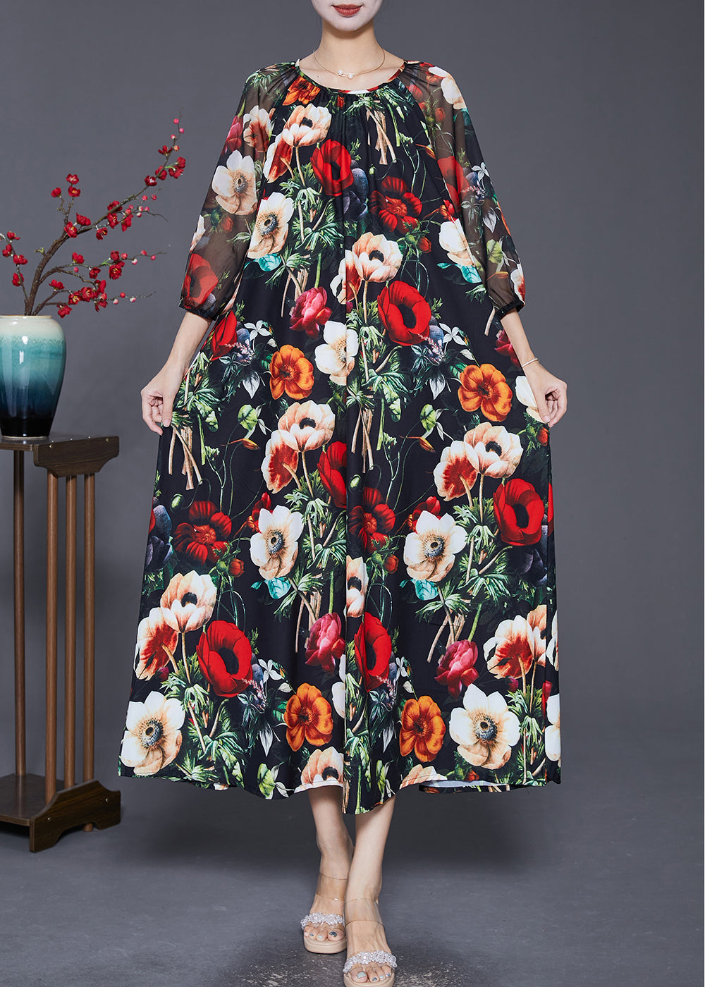 French Black Oversized Print Draping Chiffon Dresses Summer