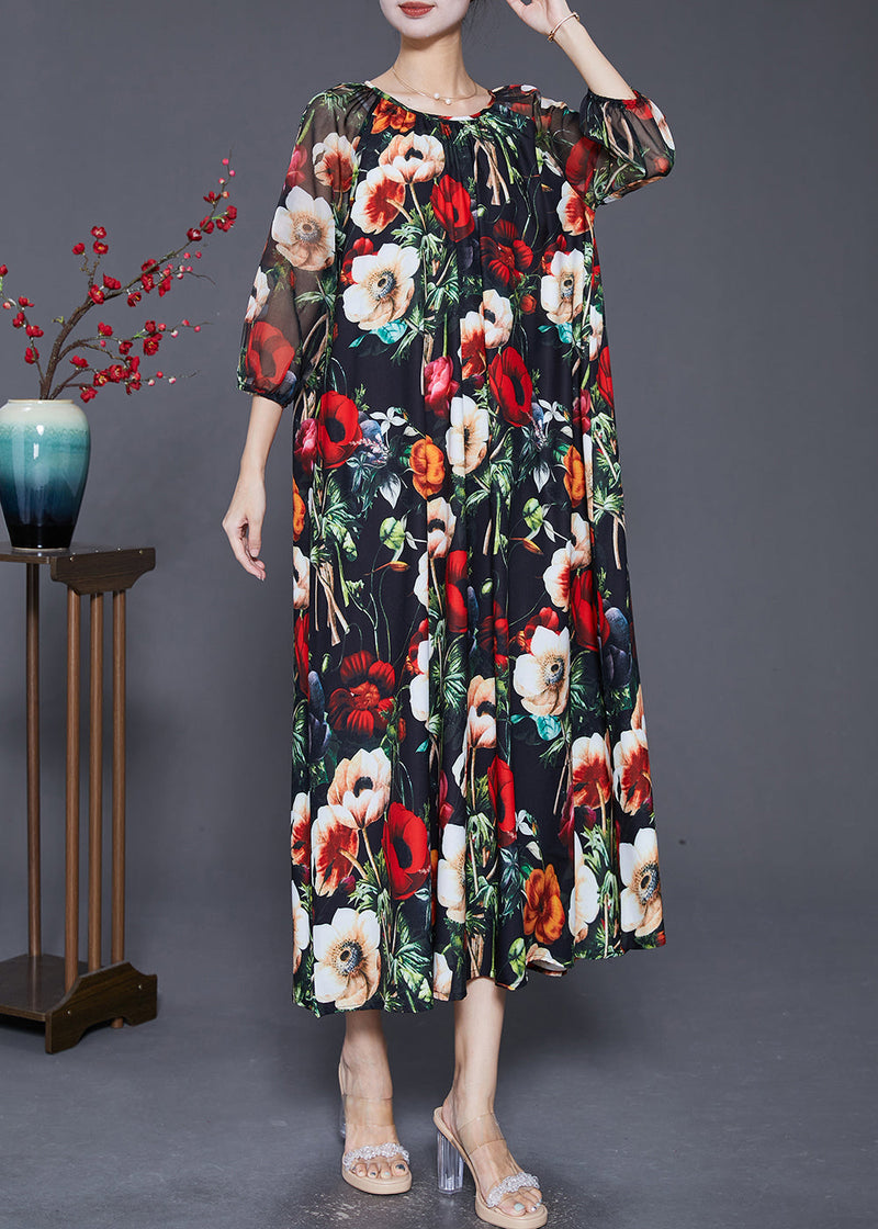 French Black Oversized Print Draping Chiffon Dresses Summer