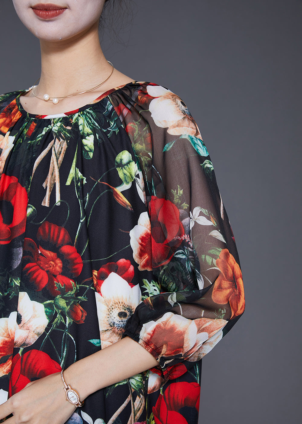 French Black Oversized Print Draping Chiffon Dresses Summer