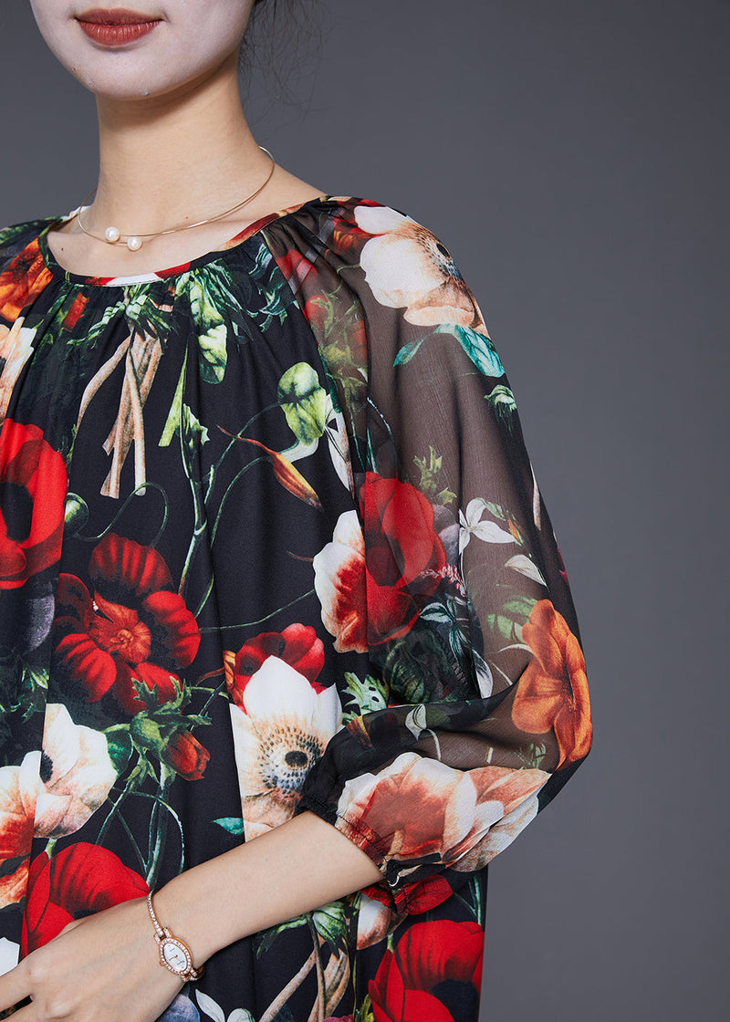 French Black Oversized Print Draping Chiffon Dresses Summer
