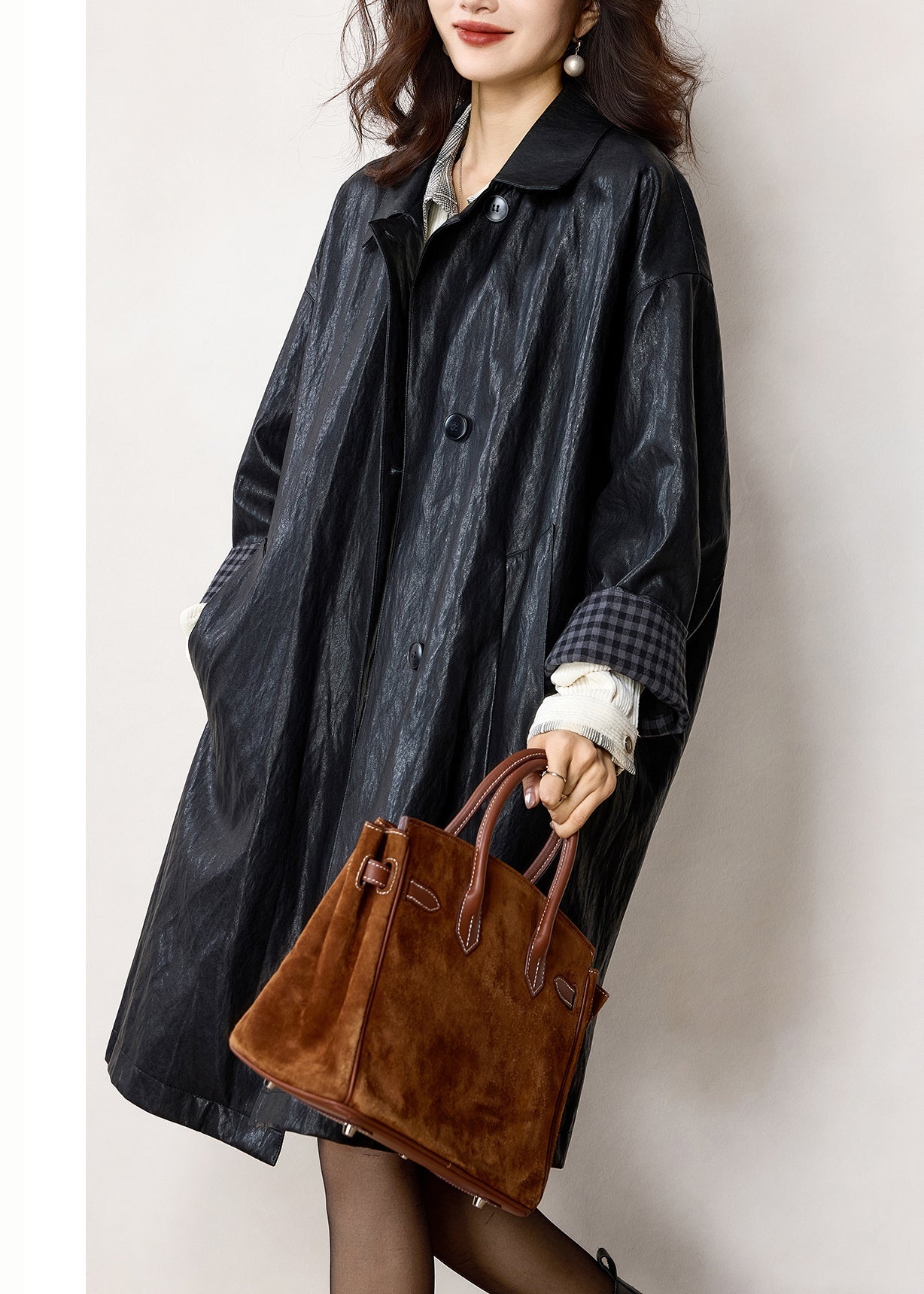 French Black Oversized Plaid Faux Leather Trench Winter