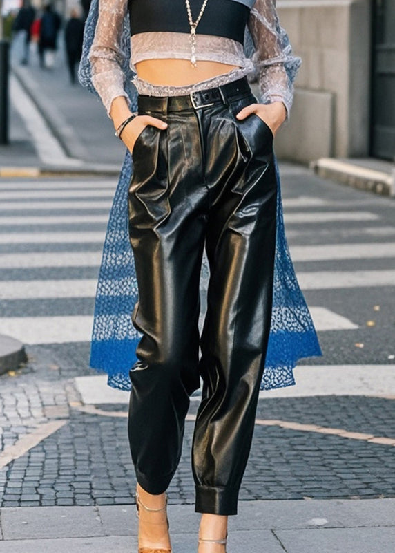 French Black Oversized Pockets Faux Leather Pants Spring