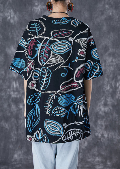French Black Oversized Print Cotton Tank Tops Summer