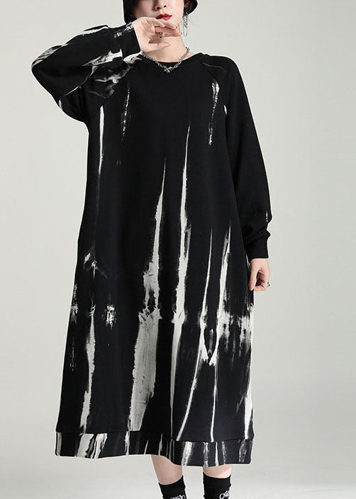 French Black Oversized Tie Dye Cotton Pullover Dress Fall