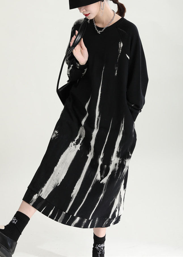 French Black Oversized Tie Dye Cotton Pullover Dress Fall