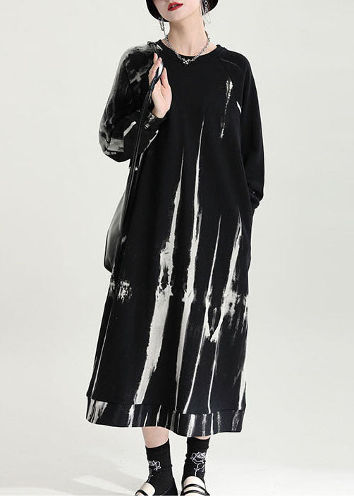 French Black Oversized Tie Dye Cotton Pullover Dress Fall