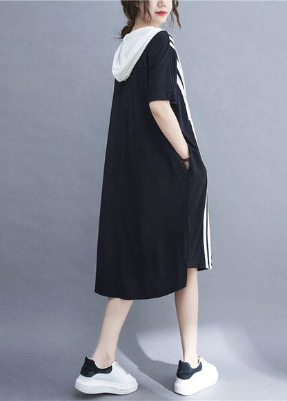 French Black Patchwork Striped Low High Design Ankle Dress Summer