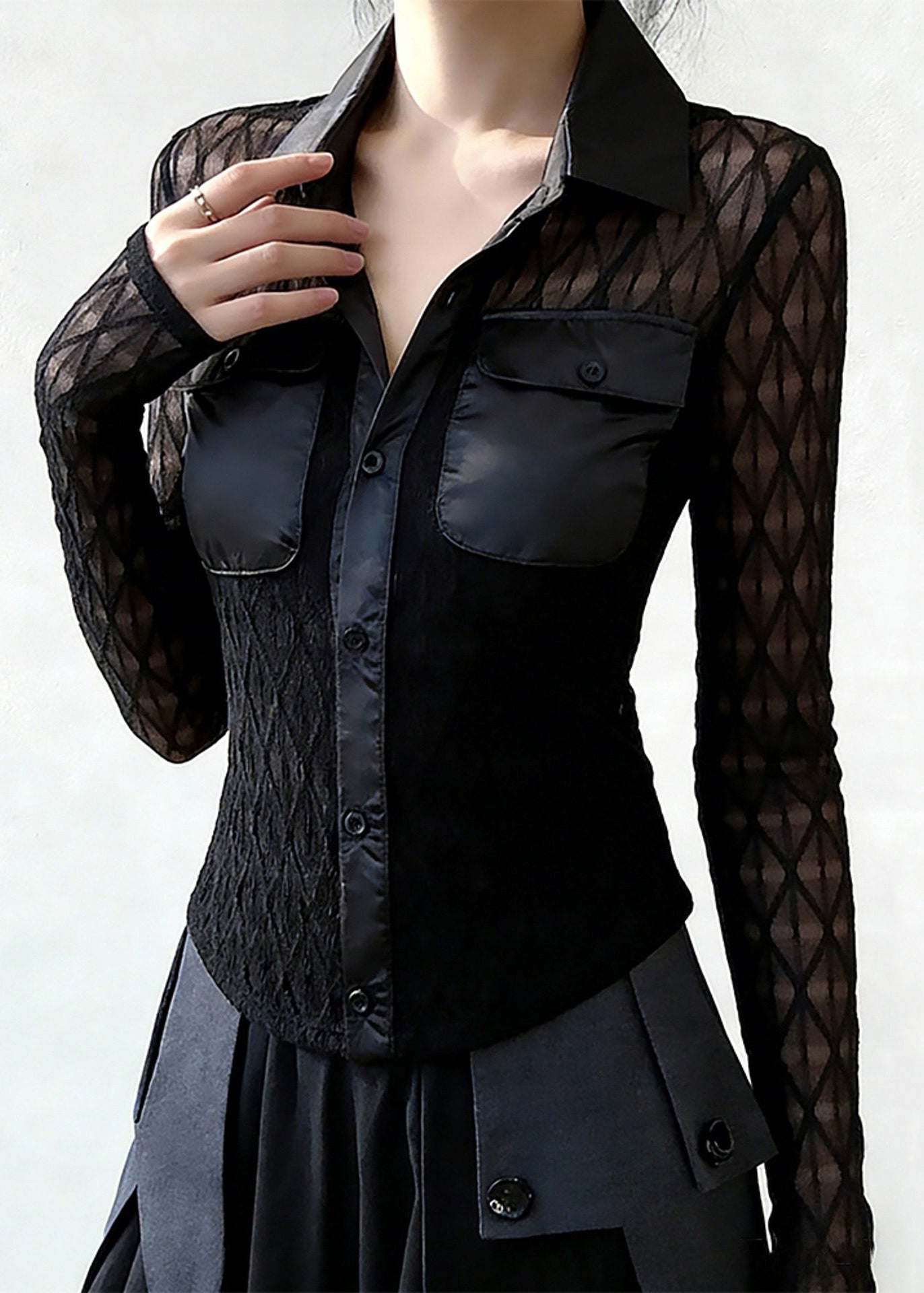 French Black Peter Pan Collar Button Pockets Patchwork Lace Blouses Spring