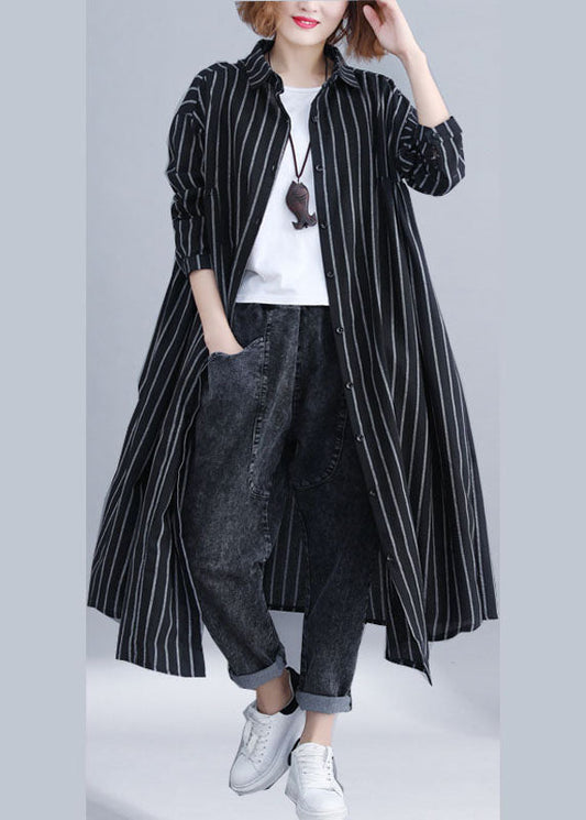 French Black Peter Pan Collar Button Pockets Striped Fall Long Sleeve Shirt Top