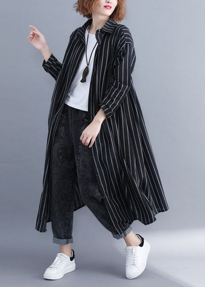 French Black Peter Pan Collar Button Pockets Striped Fall Long Sleeve Shirt Top