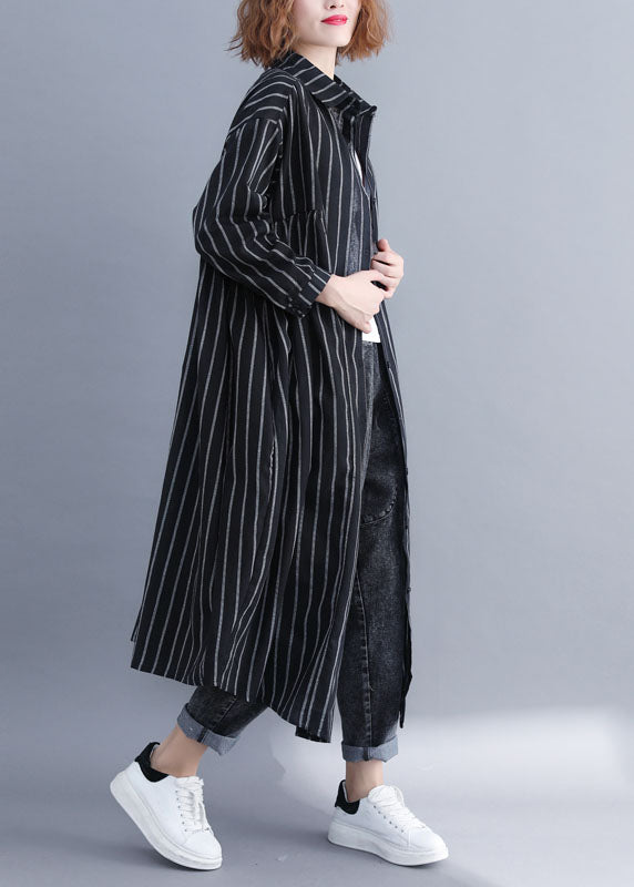 French Black Peter Pan Collar Button Pockets Striped Fall Long Sleeve Shirt Top