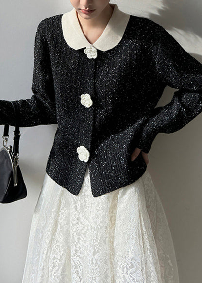 French Black Peter Pan Collar Button Knit Cardigan Spring