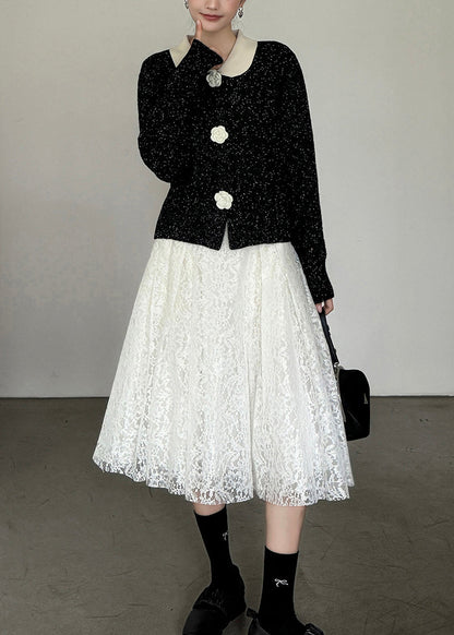 French Black Peter Pan Collar Button Knit Cardigan Spring