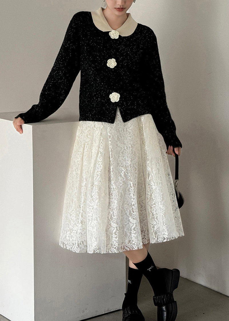 French Black Peter Pan Collar Button Knit Cardigan Spring