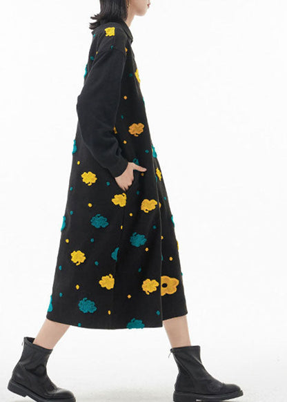 French Black Peter Pan Collar Patchwork Woolen Dress Spring