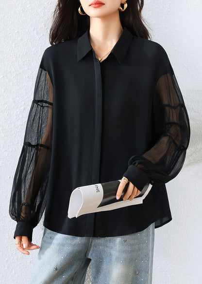 French Black Peter Pan Collar Patchwork Tulle Chiffon Tops Fall