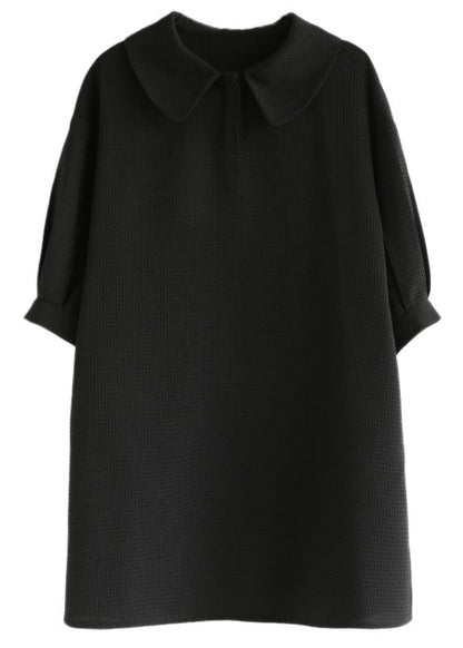 French Black Peter Pan Collar Waffle Cotton Vacation Mid Dress Bracelet Sleeve