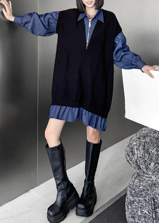 French Black Peter Pan Collar Zippered Denim Patchwork Mid Dresses Spring