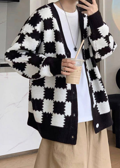 French Black Plaid Button Knit Coats Spring