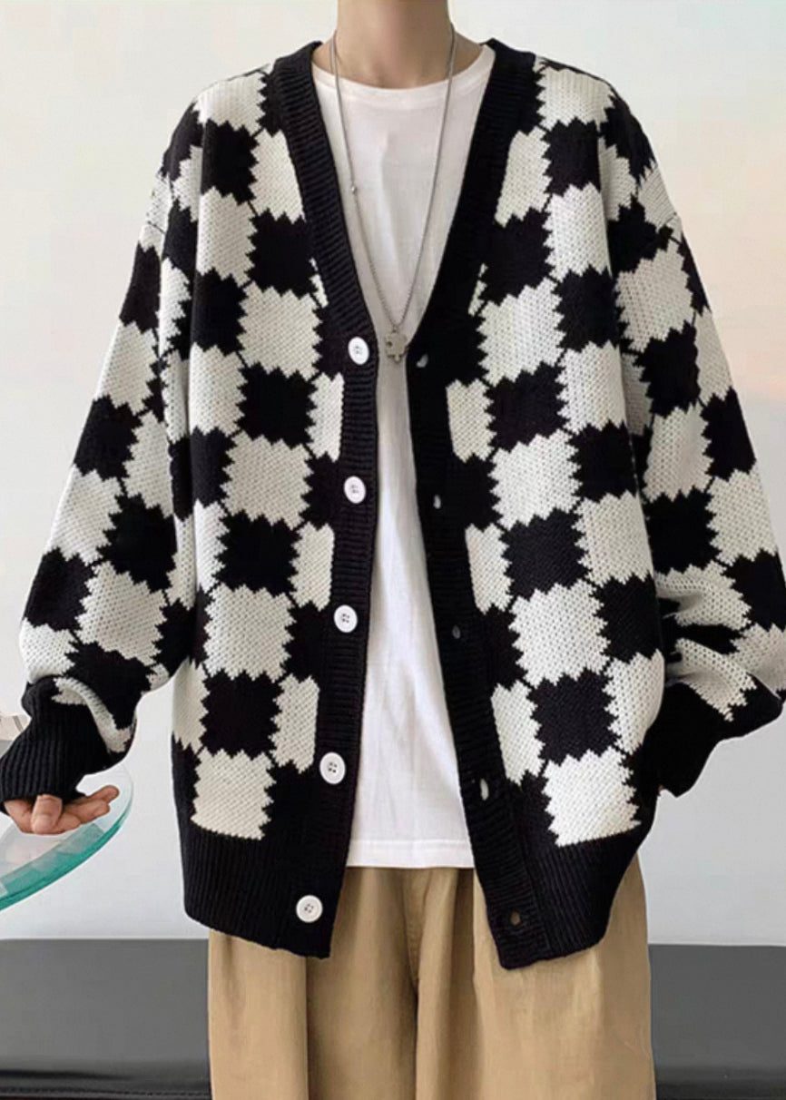 French Black Plaid Button Knit Coats Spring