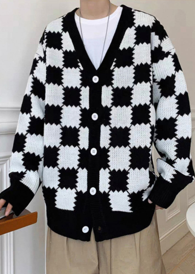 French Black Plaid Button Knit Coats Spring