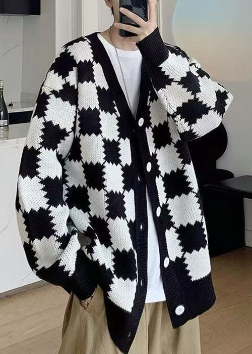 French Black Plaid Button Knit Coats Spring