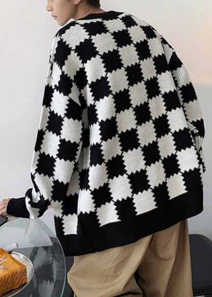 French Black Plaid Button Knit Coats Spring