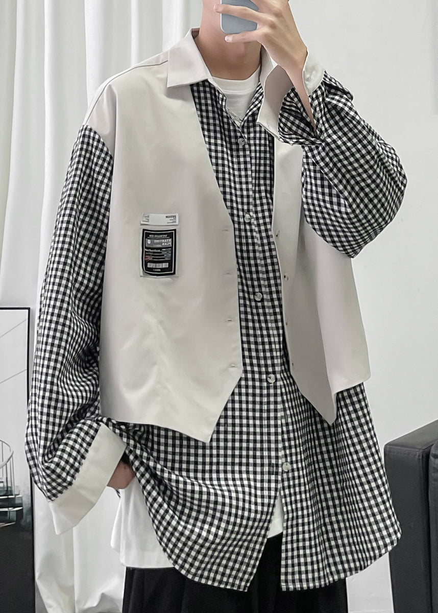French Black Plaid False Two Pieces Patchwork Cotton Men Shirts Spring