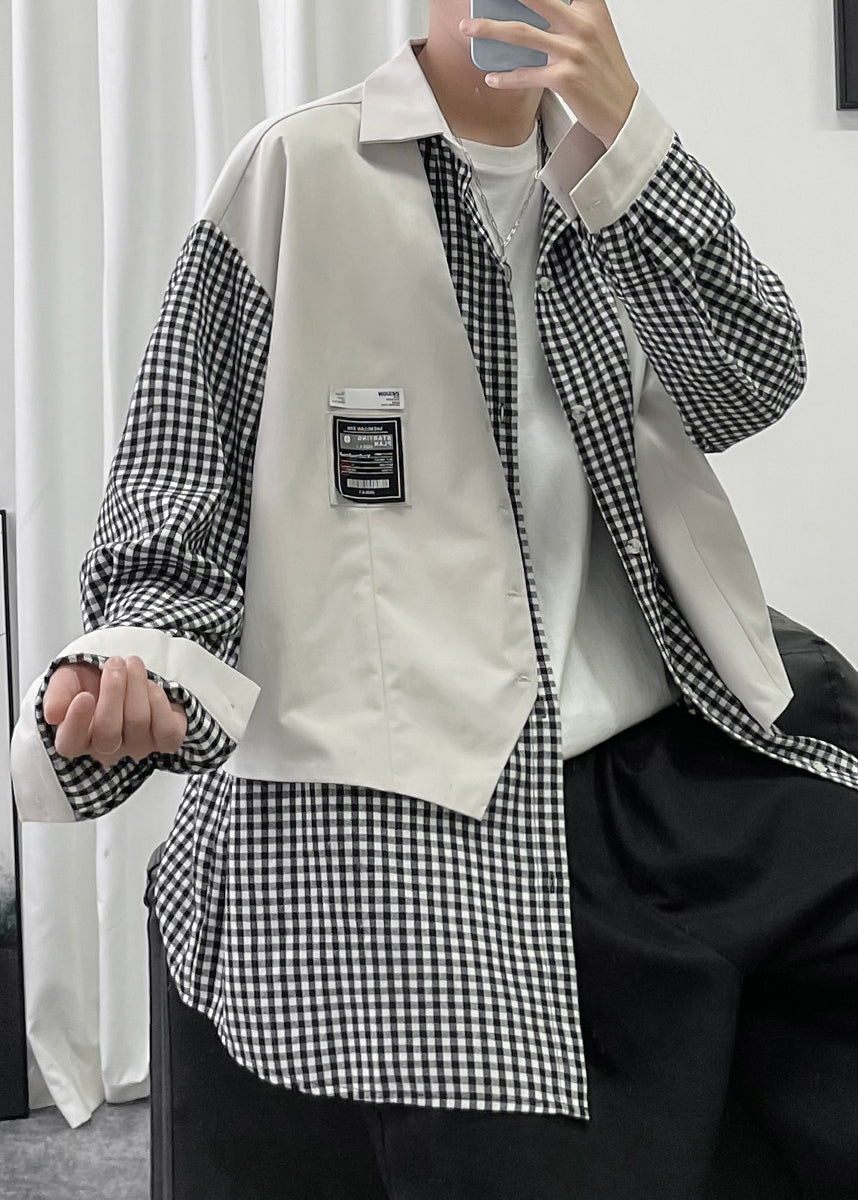 French Black Plaid False Two Pieces Patchwork Cotton Men Shirts Spring
