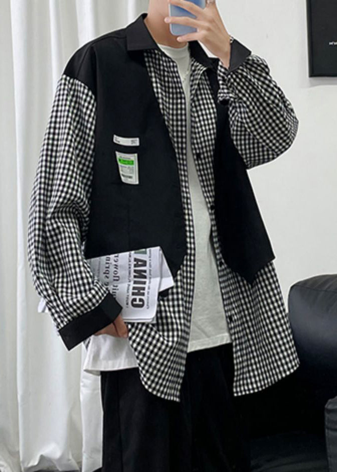 French Black Plaid False Two Pieces Patchwork Cotton Shirts Spring