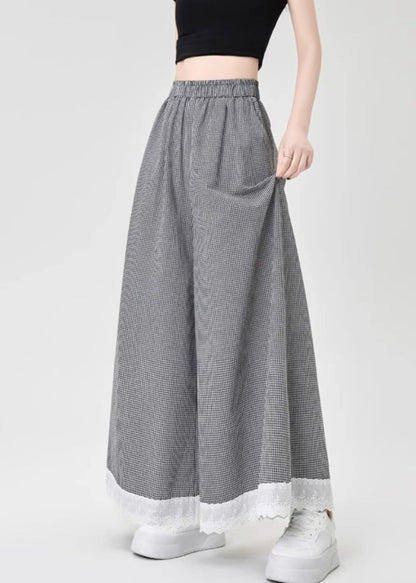 French Black Plaid Lace Patchwork Cotton Wide Leg Pants Summer