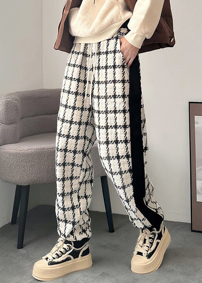French Black Plaid Pockets Patchwork Cotton Pants Spring
