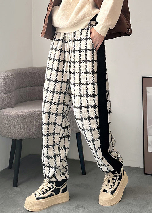 French Black Plaid Pockets Patchwork Cotton Pants Spring