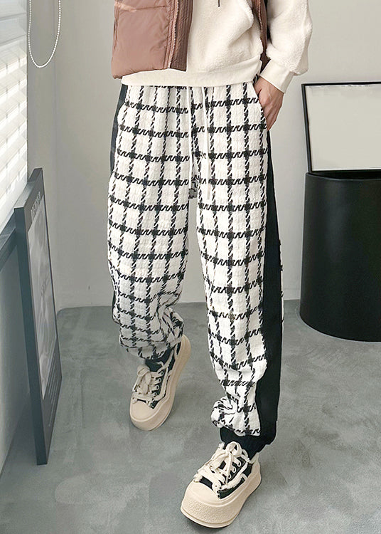 French Black Plaid Pockets Patchwork Cotton Pants Spring