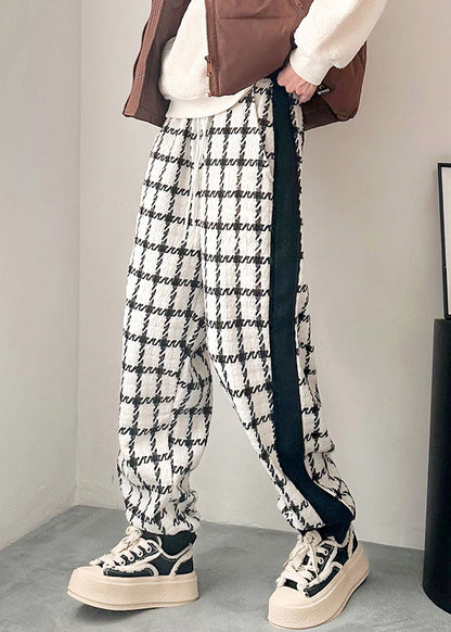 French Black Plaid Pockets Patchwork Cotton Pants Spring
