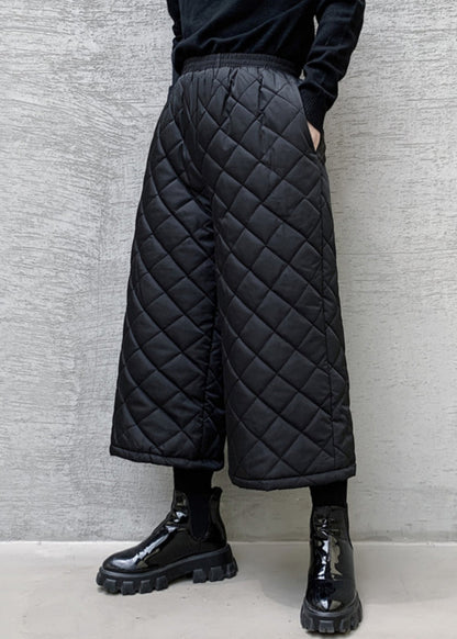 French Black Pockets Elastic Waist Cotton Filled Wide Leg Pants Spring