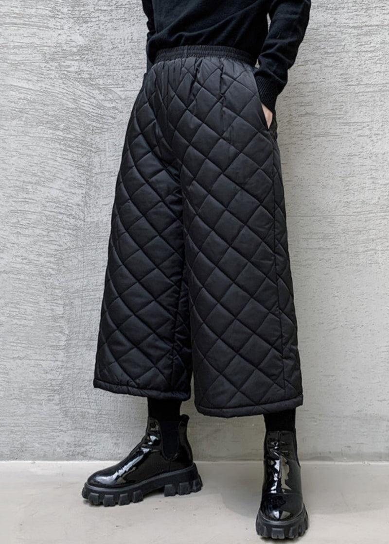 French Black Pockets Elastic Waist Cotton Filled Wide Leg Pants Spring