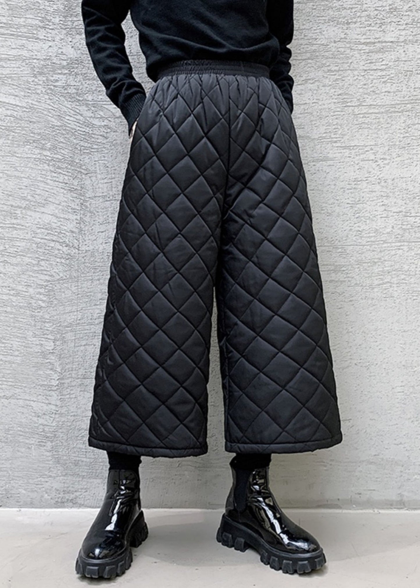 French Black Pockets Elastic Waist Cotton Filled Wide Leg Pants Spring