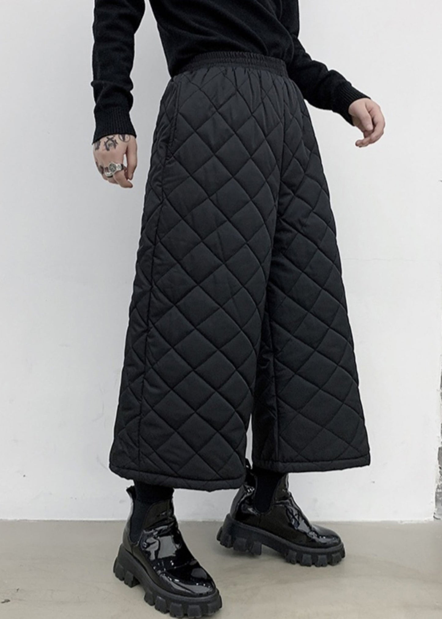 French Black Pockets Elastic Waist Cotton Filled Wide Leg Pants Spring