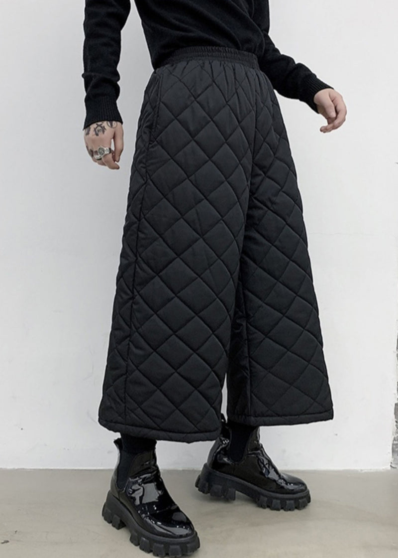 French Black Pockets Elastic Waist Cotton Filled Wide Leg Pants Spring