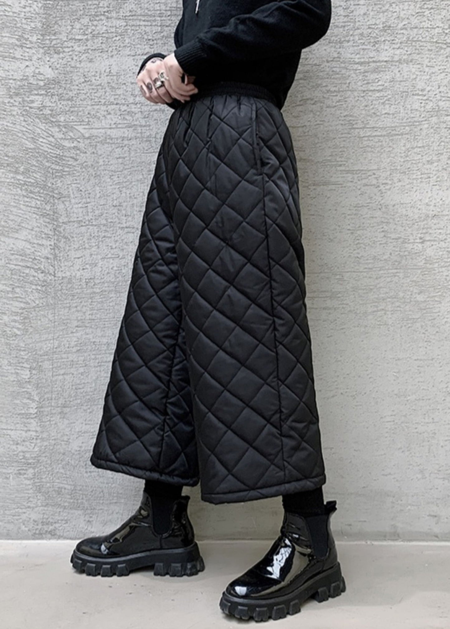 French Black Pockets Elastic Waist Cotton Filled Wide Leg Pants Spring