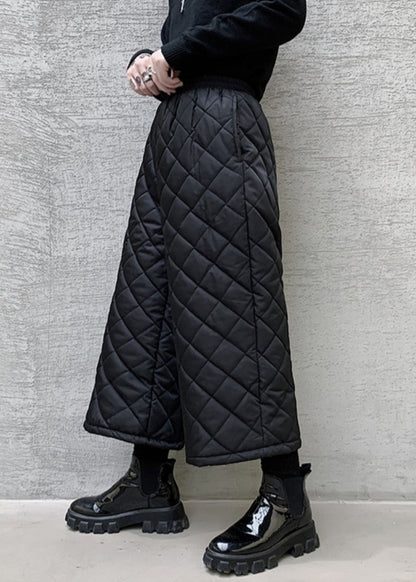 French Black Pockets Elastic Waist Cotton Filled Wide Leg Pants Spring