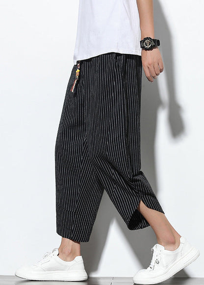 French Black Pockets Elastic Waist Cotton Harem Pants