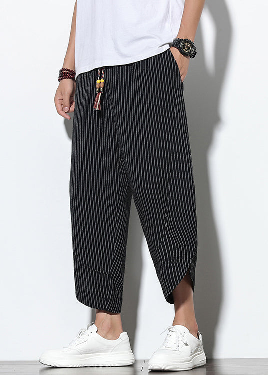 French Black Pockets Elastic Waist Cotton Harem Pants