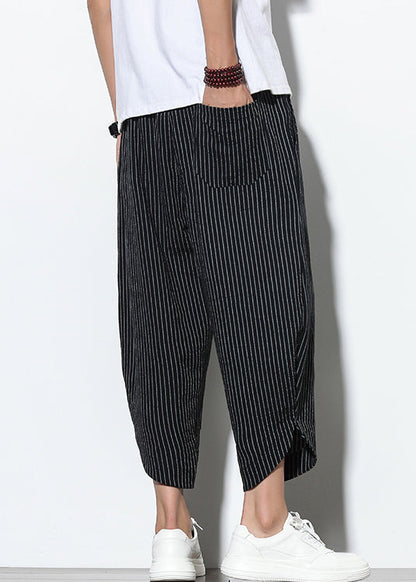 French Black Pockets Elastic Waist Cotton Harem Pants